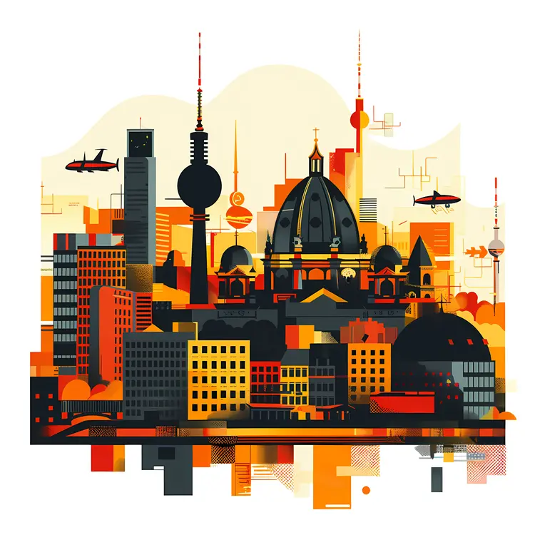 Colorful Cityscape with Towers