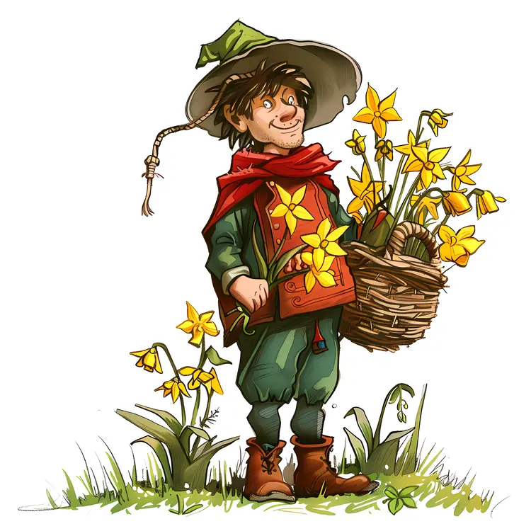 Elf in Green Hat with Basket of Yellow Flowers