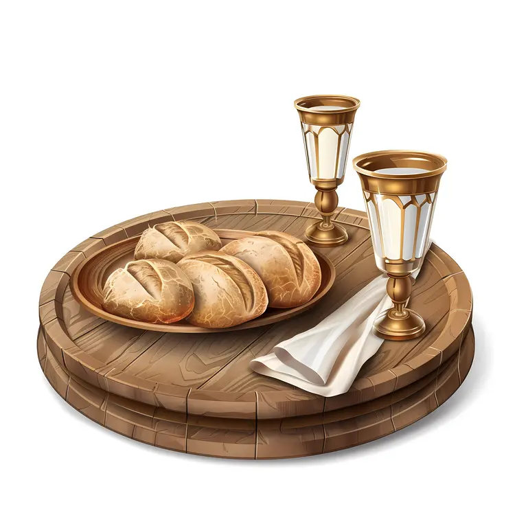Bread and Chalices with Napkin on a Wooden Table