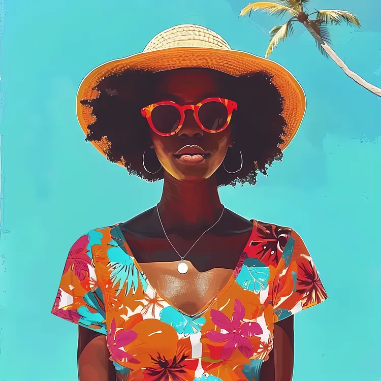 Woman in Colorful Dress with Sunglasses and Hat