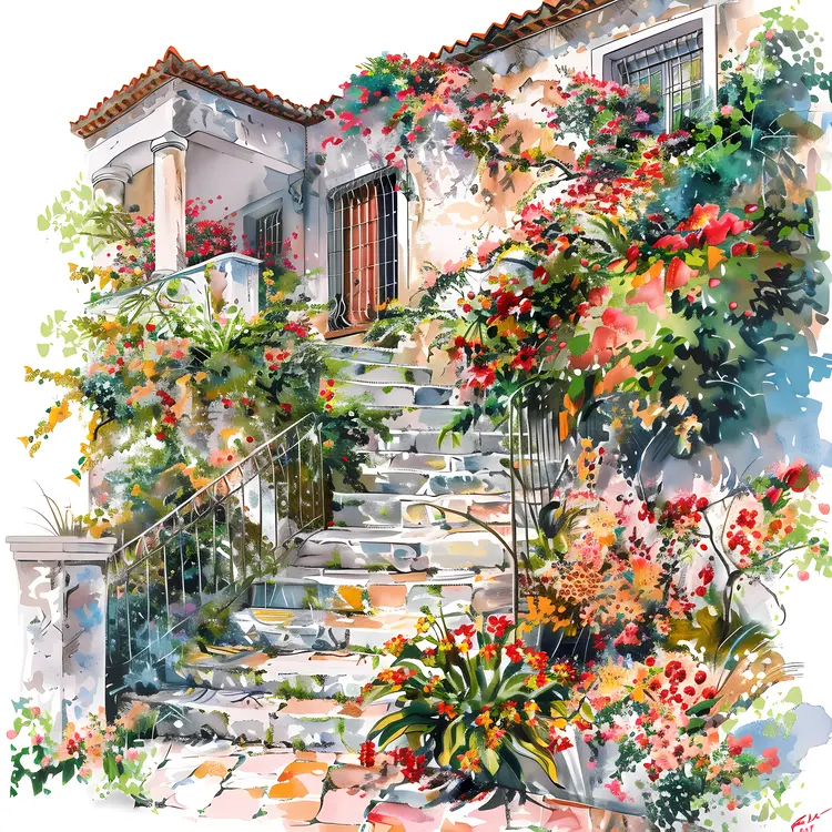 Stone House with Floral Stairs