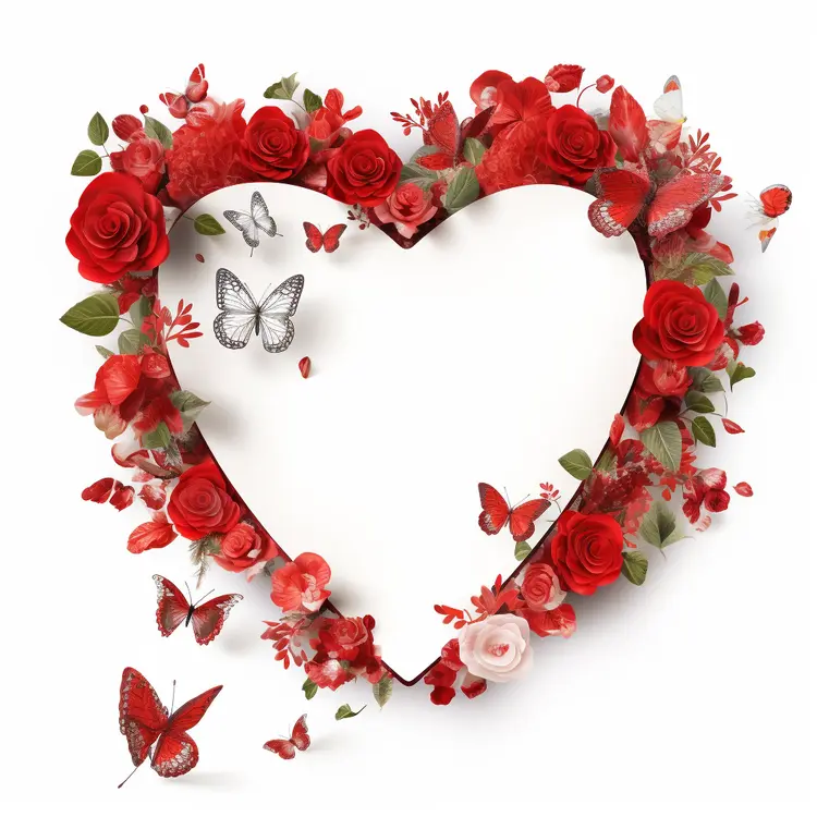 Heart Frame with Red Roses and Butterflies
