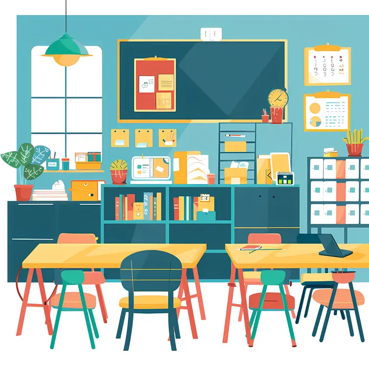 Modern Classroom with Desks and Chairs
