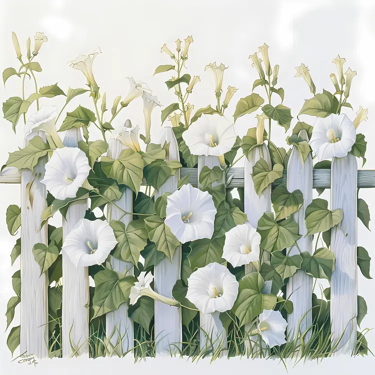 White Morning Glories on White Fence