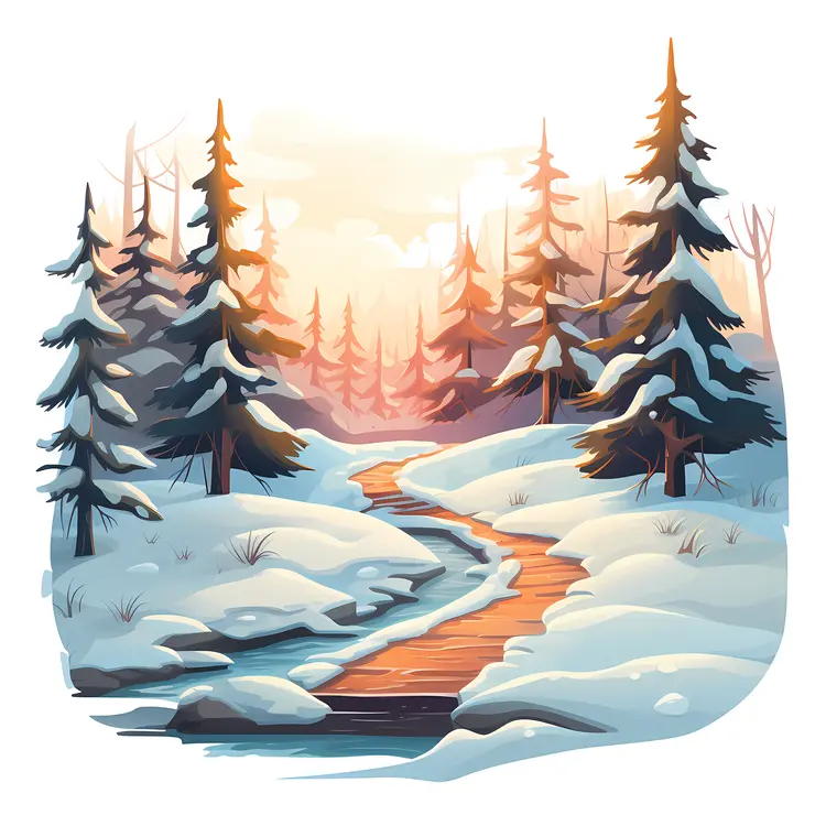 Snowy Winter Landscape with Trees and Path