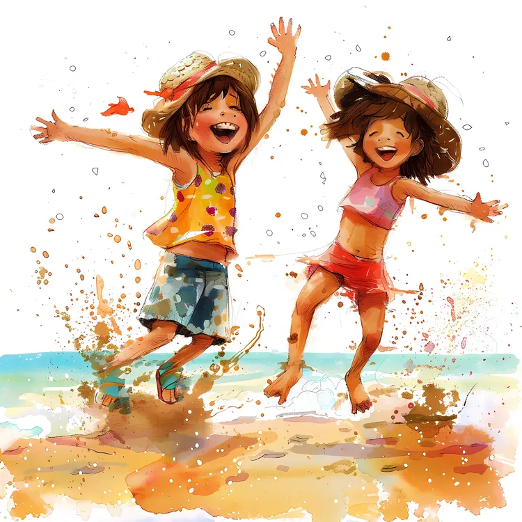 Kids Jumping at Beach Illustration