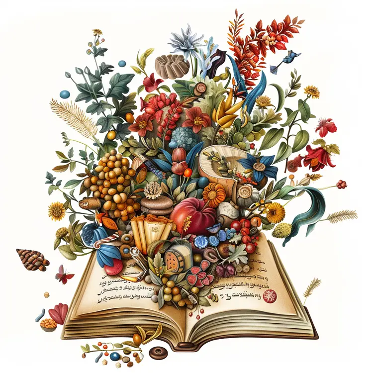Open Book with Nature Elements Illustration