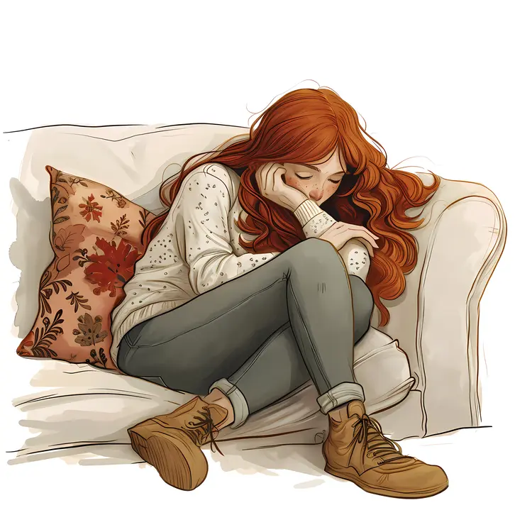 Red-Haired Woman Resting on Couch