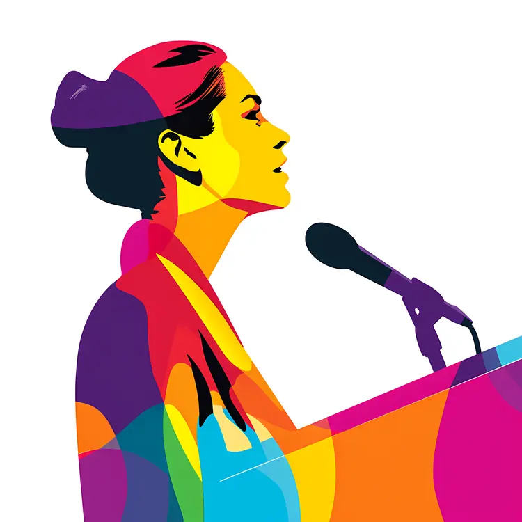 Colorful Woman Speaking at Podium