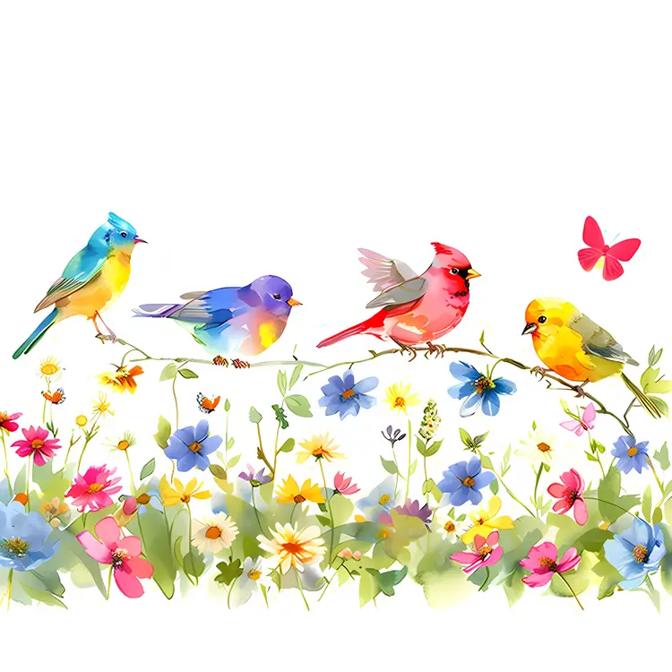 Colorful Birds on a Branch with Flowers