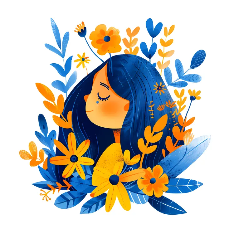 Cute Girl with Flowers in Blue and Yellow Illustration