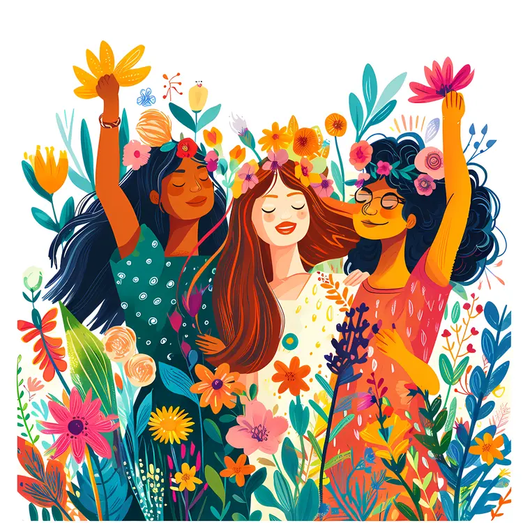Three Women Celebrating with Flowers