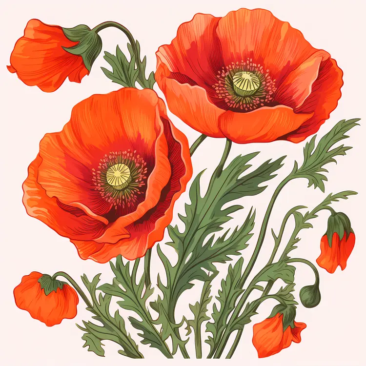 Red Poppies with Green Leaves and Buds