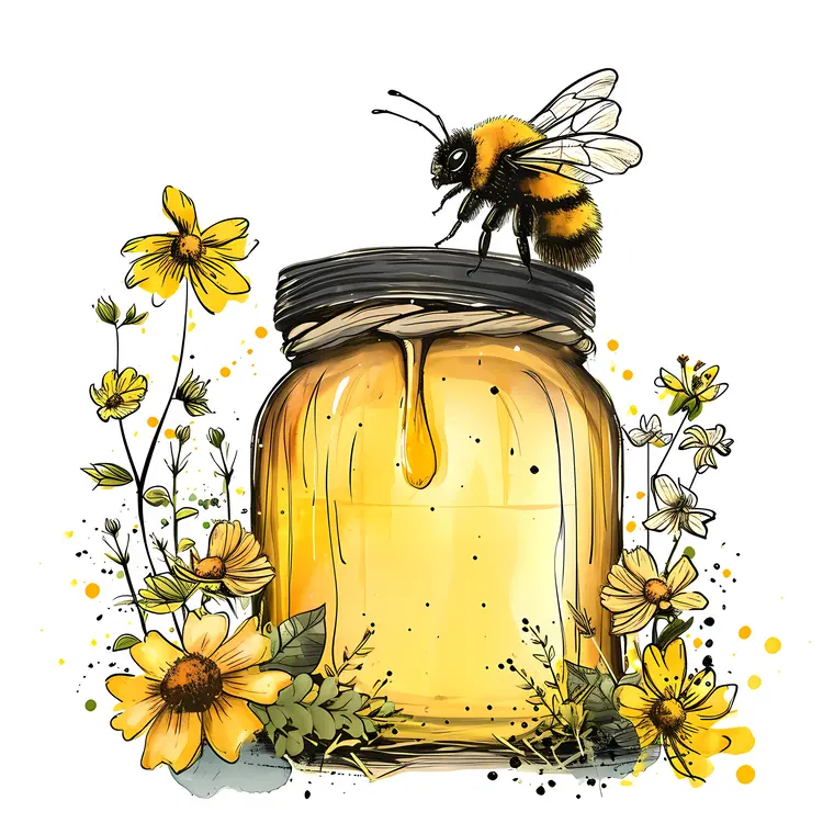 Honey Jar with Bee and Flowers