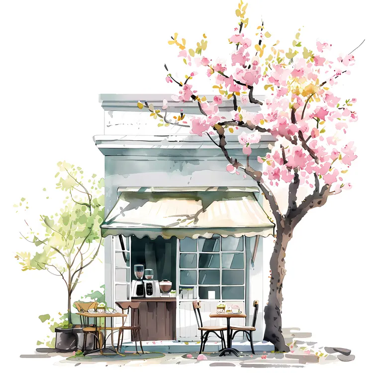Cozy Cafe with Spring Blossoms