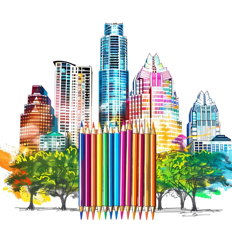 Colorful Pencils with Urban Skyline