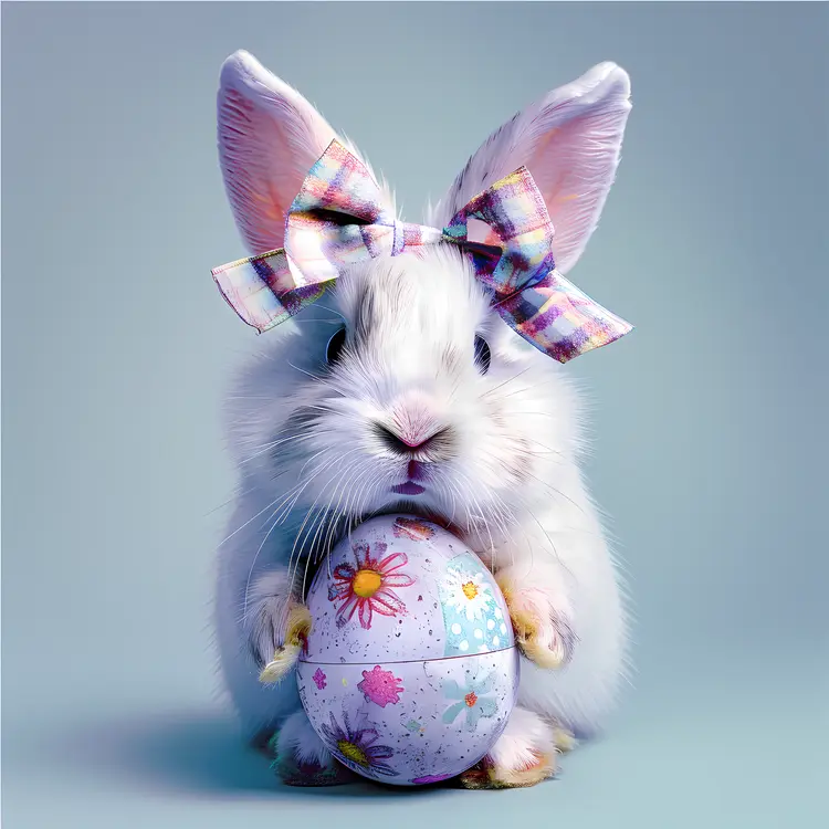 White Bunny with Bow Holding Easter Egg