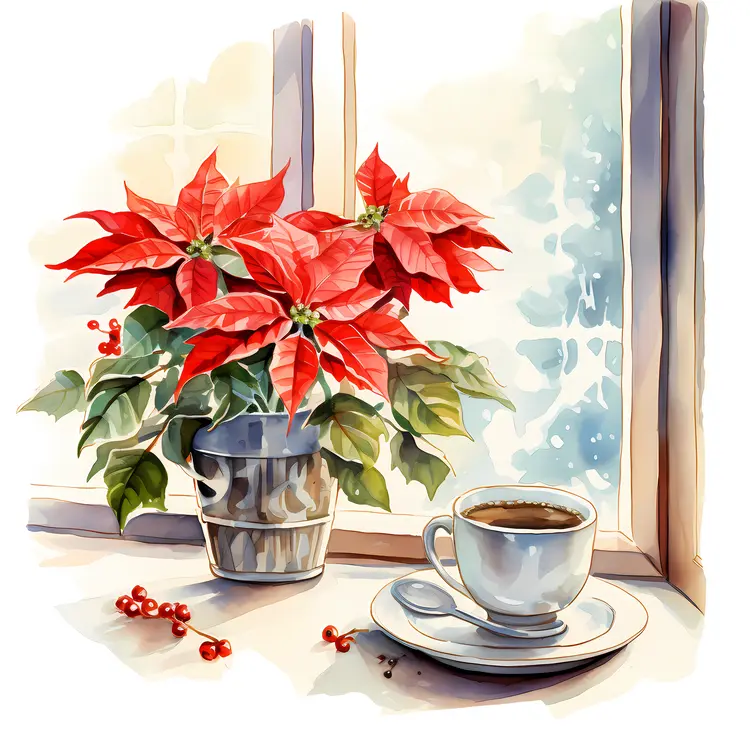 Red Poinsettia by the Window with Coffee Cup
