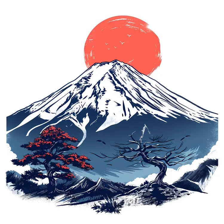 Mountain with Red Sun and Trees