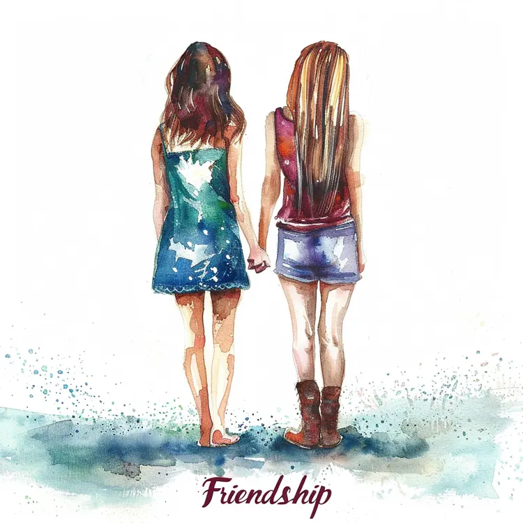 Watercolor Illustration of Two Girls Holding Hands