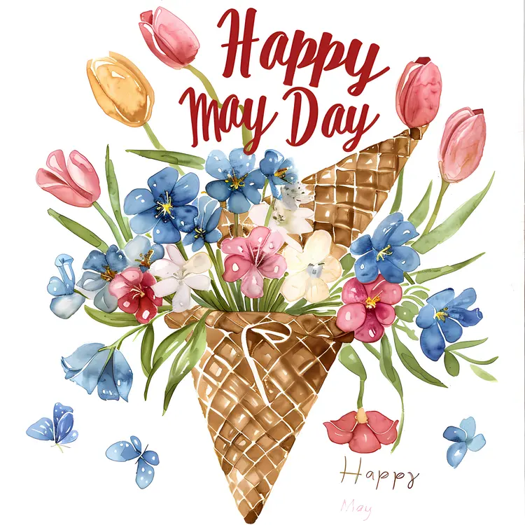 Happy May Day with Flowers in Ice Cream Cone