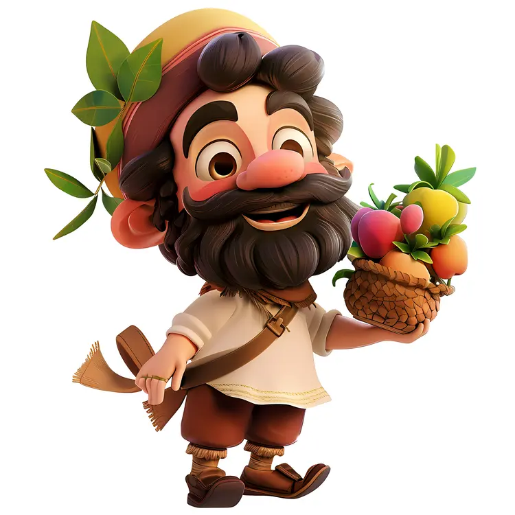 Cartoon Man with Basket of Fruits