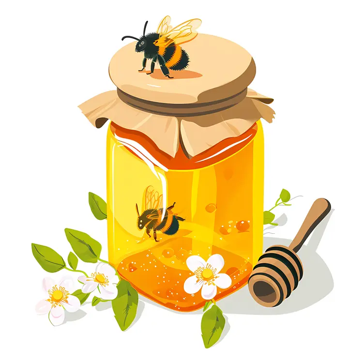 Honey Jar with Bees and Flowers