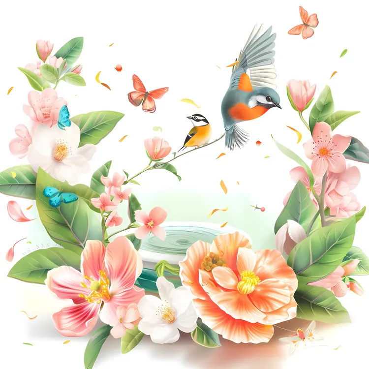 Birds and Butterflies Among Blossoming Flowers