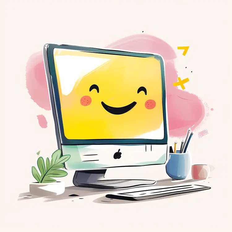 Happy Cartoon Computer with Desk Accessories
