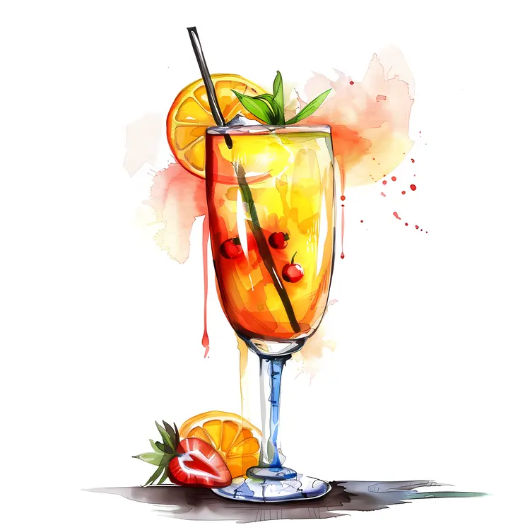 Colorful Cocktail with Orange Slice and Strawberry