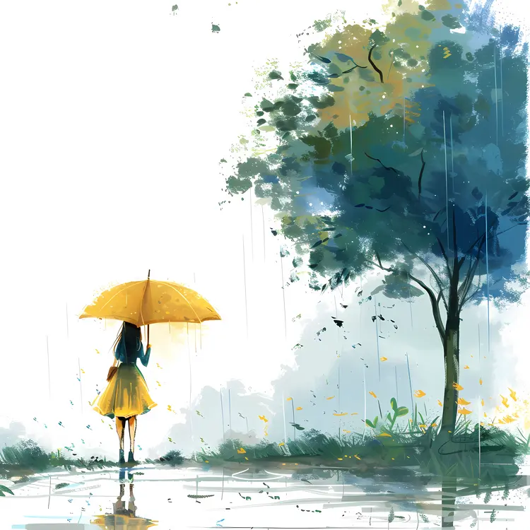 Girl with Yellow Umbrella in the Rain