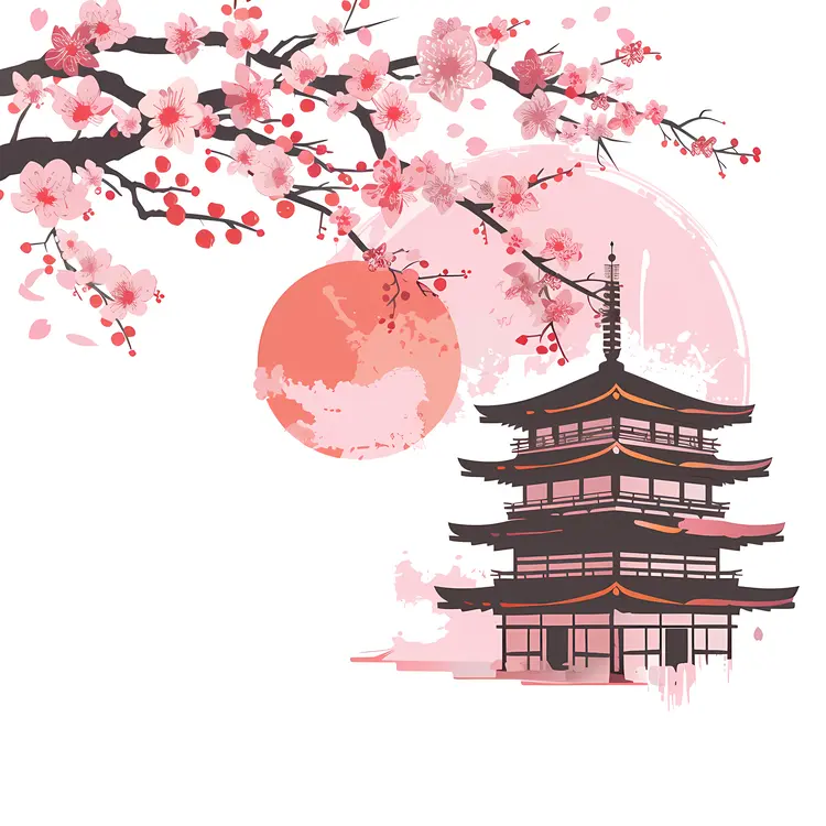 Cherry Blossom and Pagoda in Spring