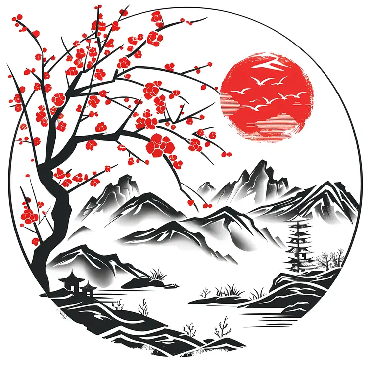 Scenic Mountain Landscape with Pagoda