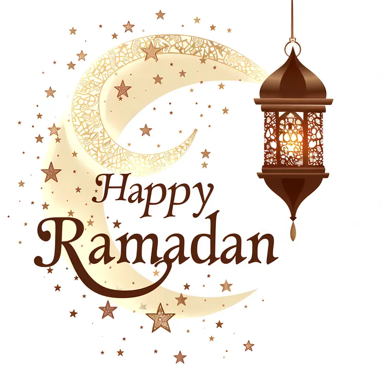 Happy Ramadan Text with Crescent and Lantern