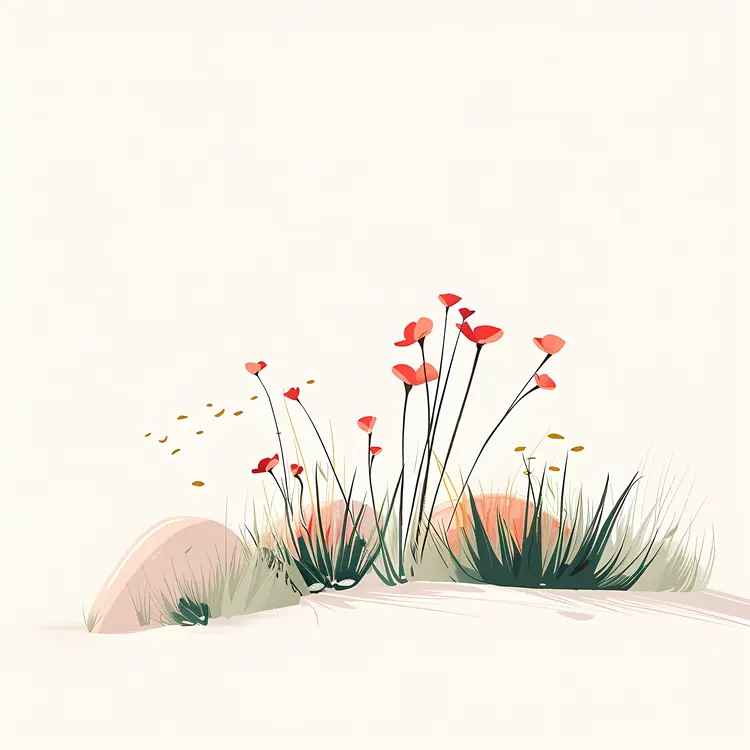 Minimalist Flowers with Grass and Rocks