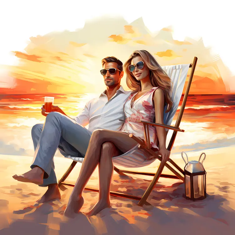 Couple Enjoying Drinks on Beach at Sunset
