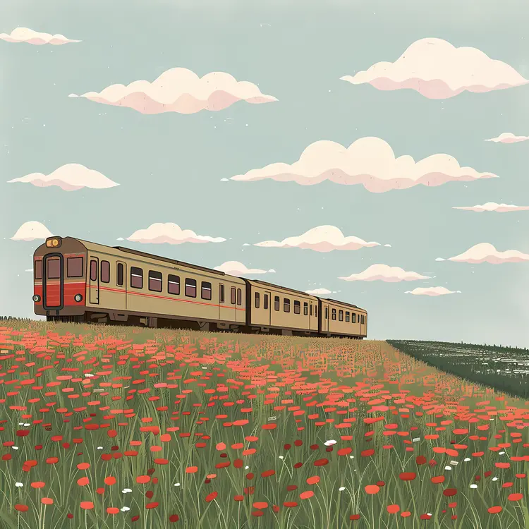 Train Traveling Through Field of Flowers