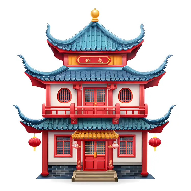 Traditional Chinese House with Red Lanterns