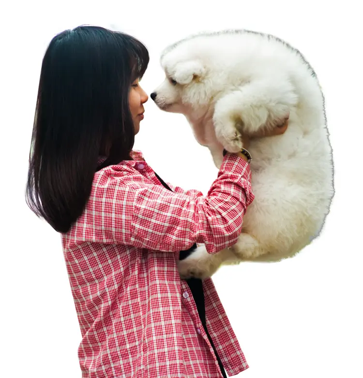 Woman Holding White Dog