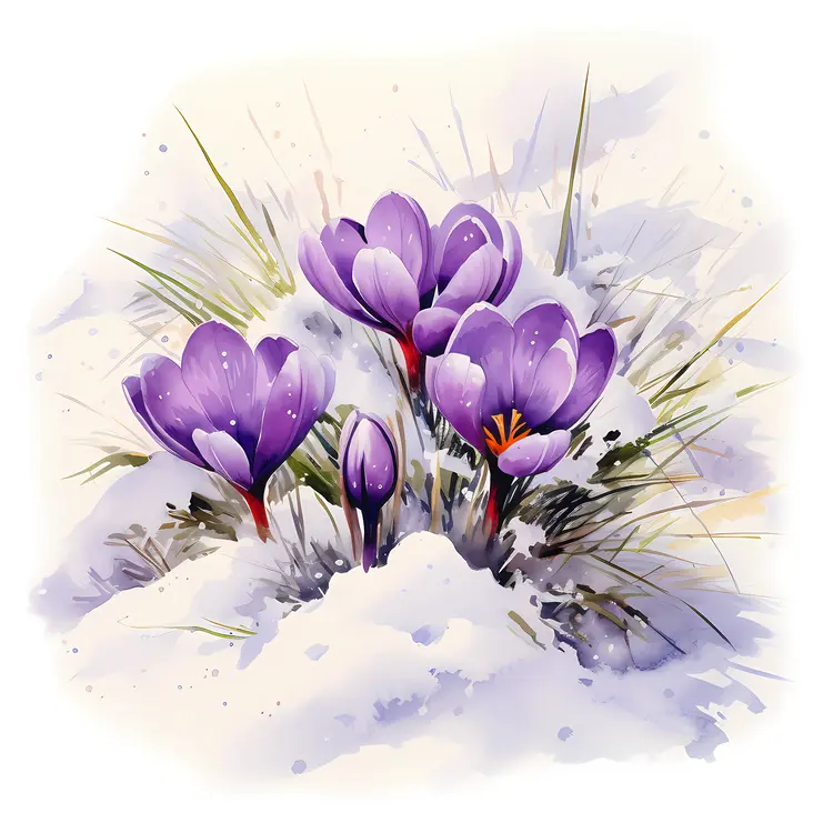 Purple Flowers Blooming in Snow