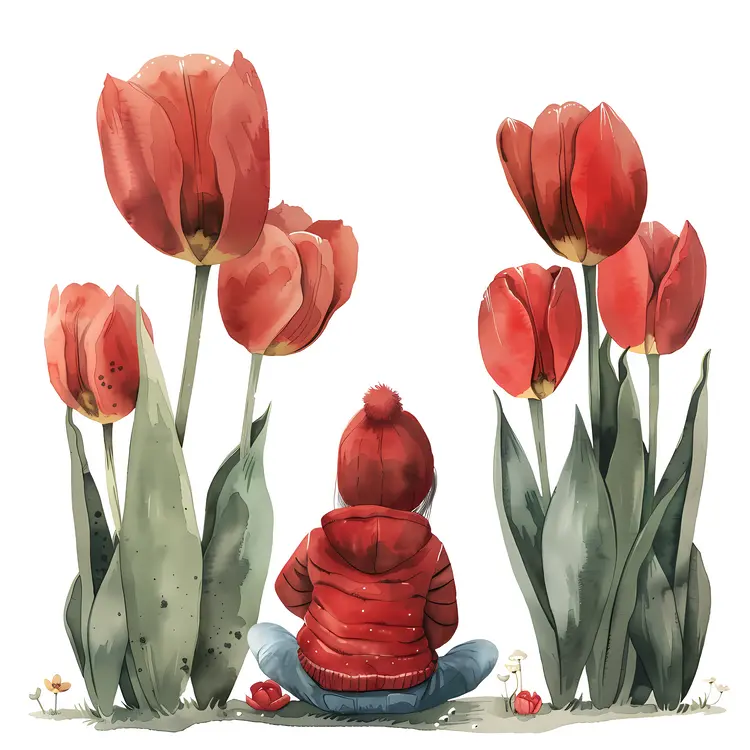 Little Boy in Red Jacket with Tulips