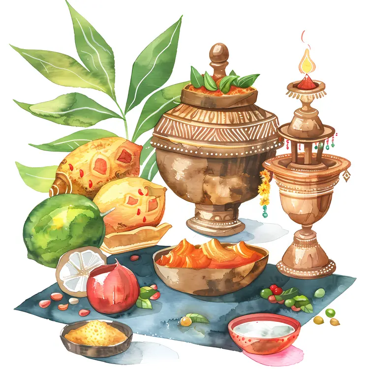 Traditional Pots and Fruits for Songkran Festival
