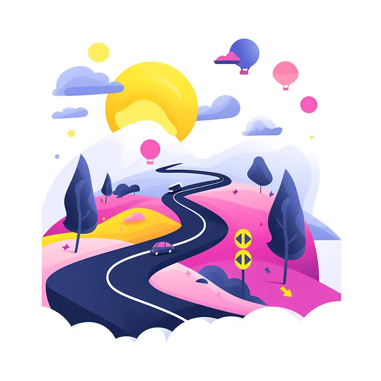 Colorful Winding Road with Car and Trees