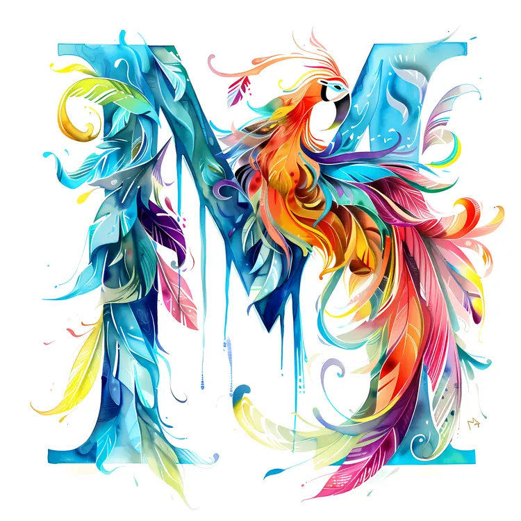 Colorful Letter M with Feathers