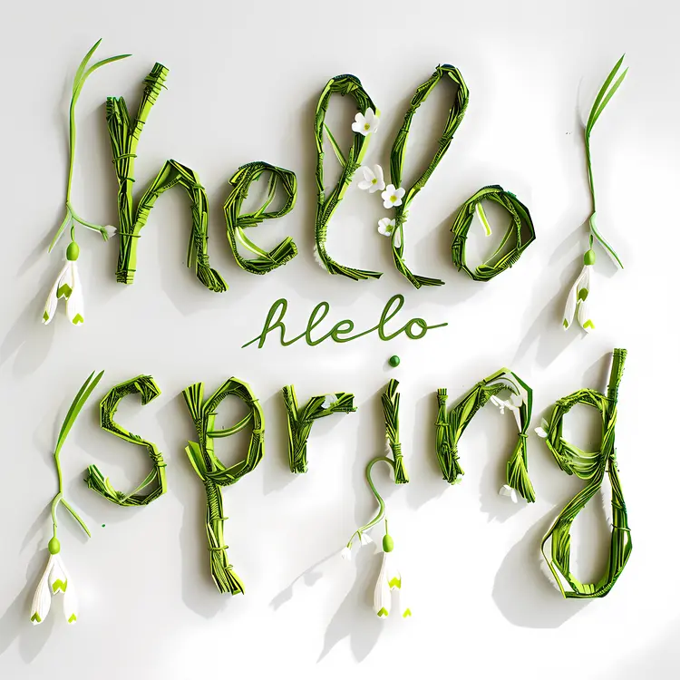 Hello Spring Text with Green Stems and Flowers
