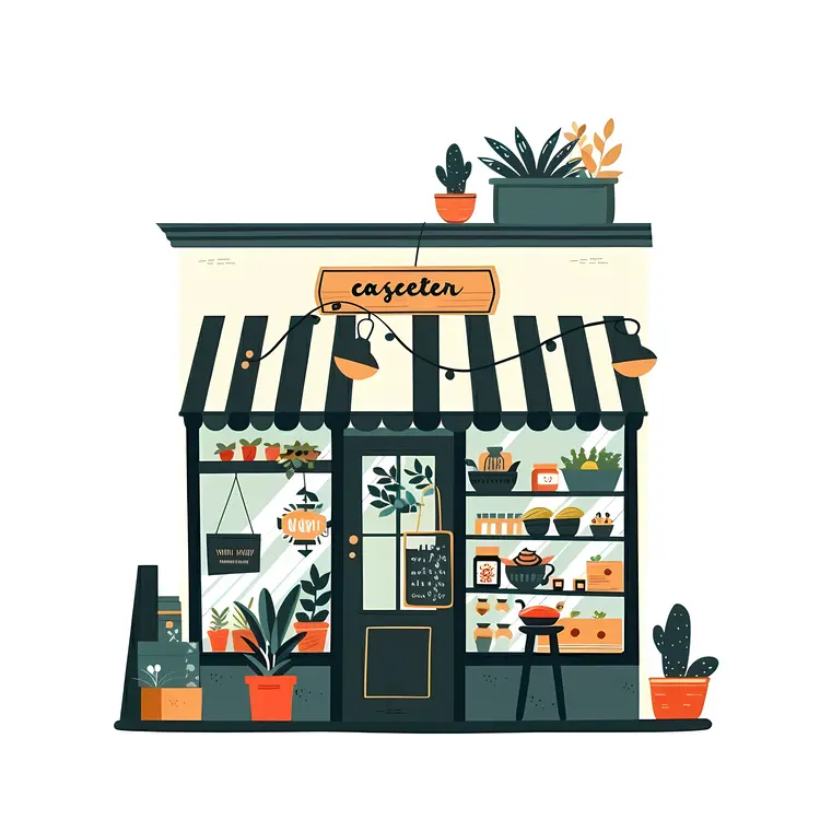 Adorable Small Shop with Black Striped Awning