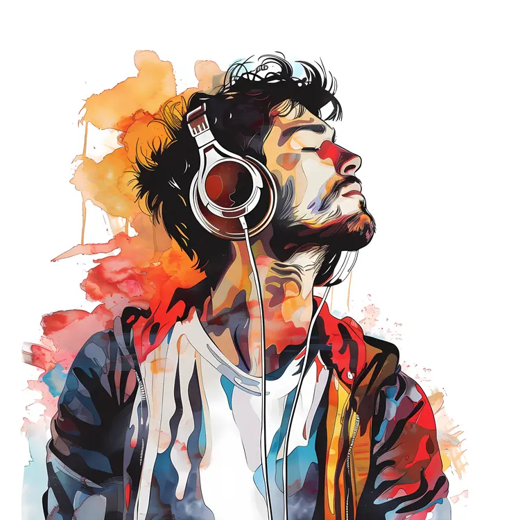 Man with Headphones in Watercolor Style