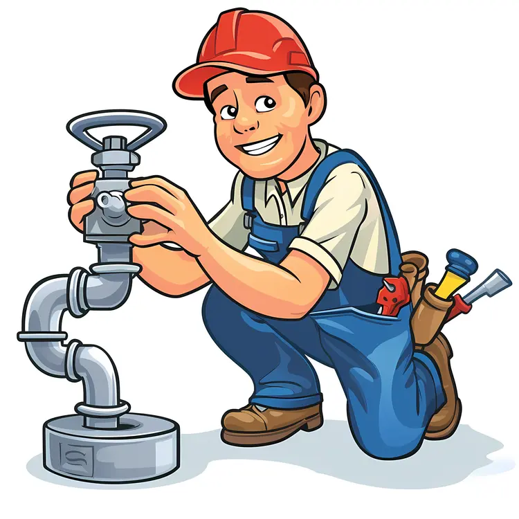 Cartoon Plumber Fixing a Valve
