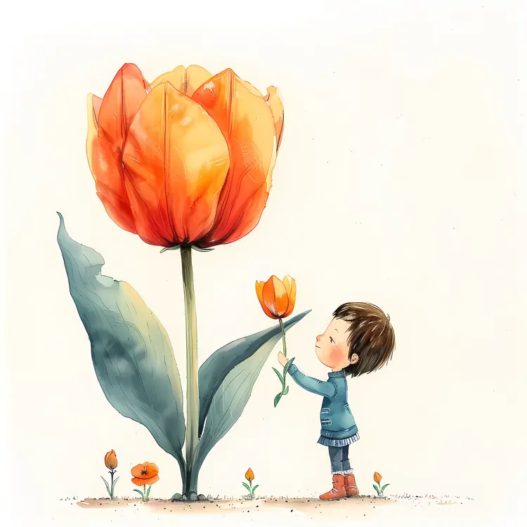 Boy Holding Small Tulip Next to Giant Orange Tulip