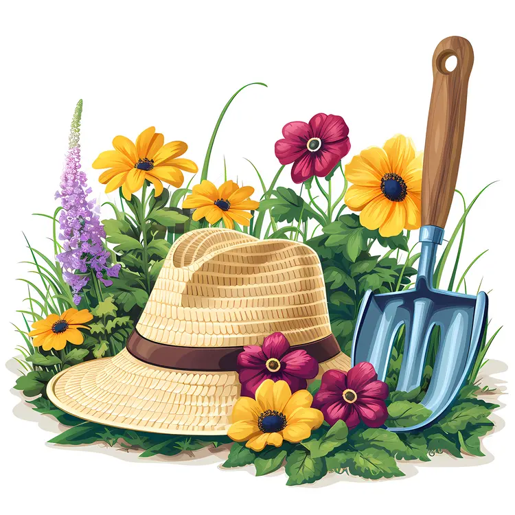 Gardening Tools and Flowers with Straw Hat